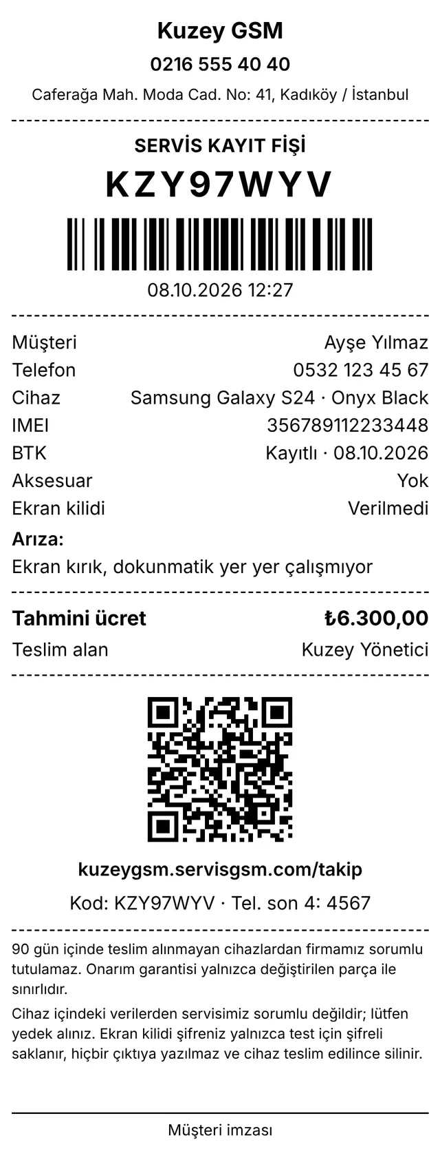 QR kodlu servis kayıt fişi