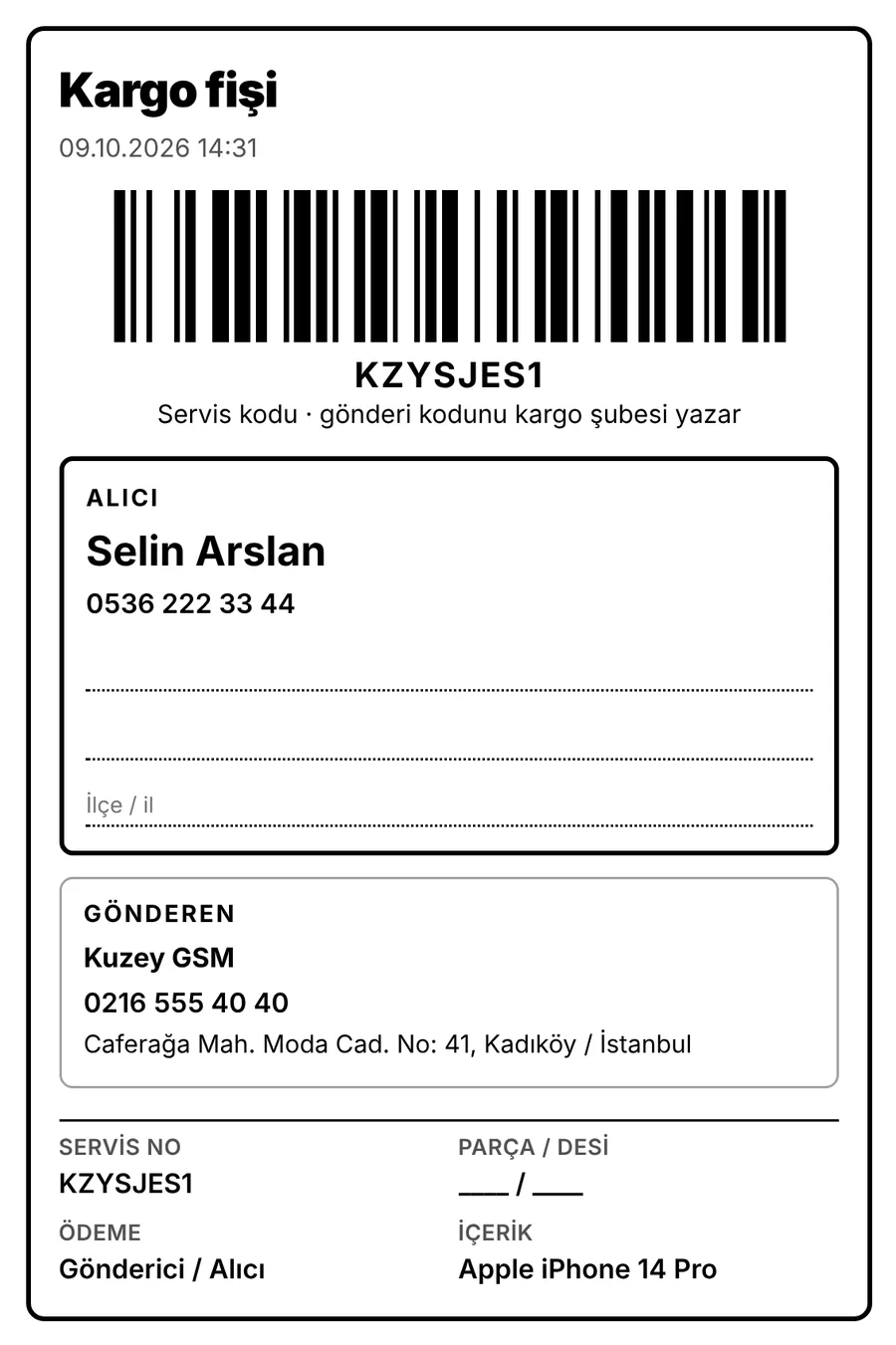 Servis kaydından basılan kargo fişi