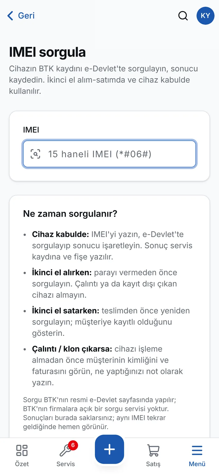 IMEI sorgulama ekranı
