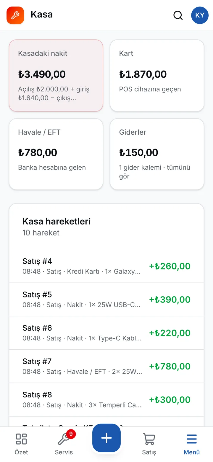 Telefonda kasa ekranı