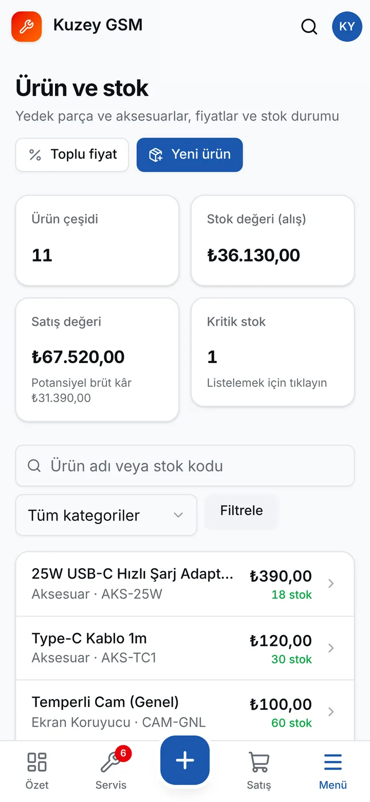 Telefonda ürün ve stok listesi