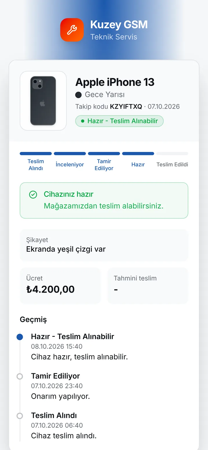 Müşterinin telefonunda gördüğü takip sayfası