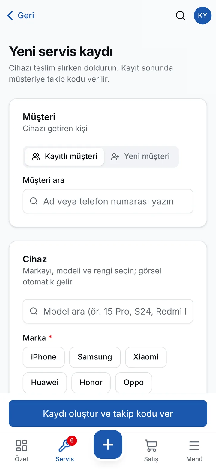 Telefondan yeni servis kaydı