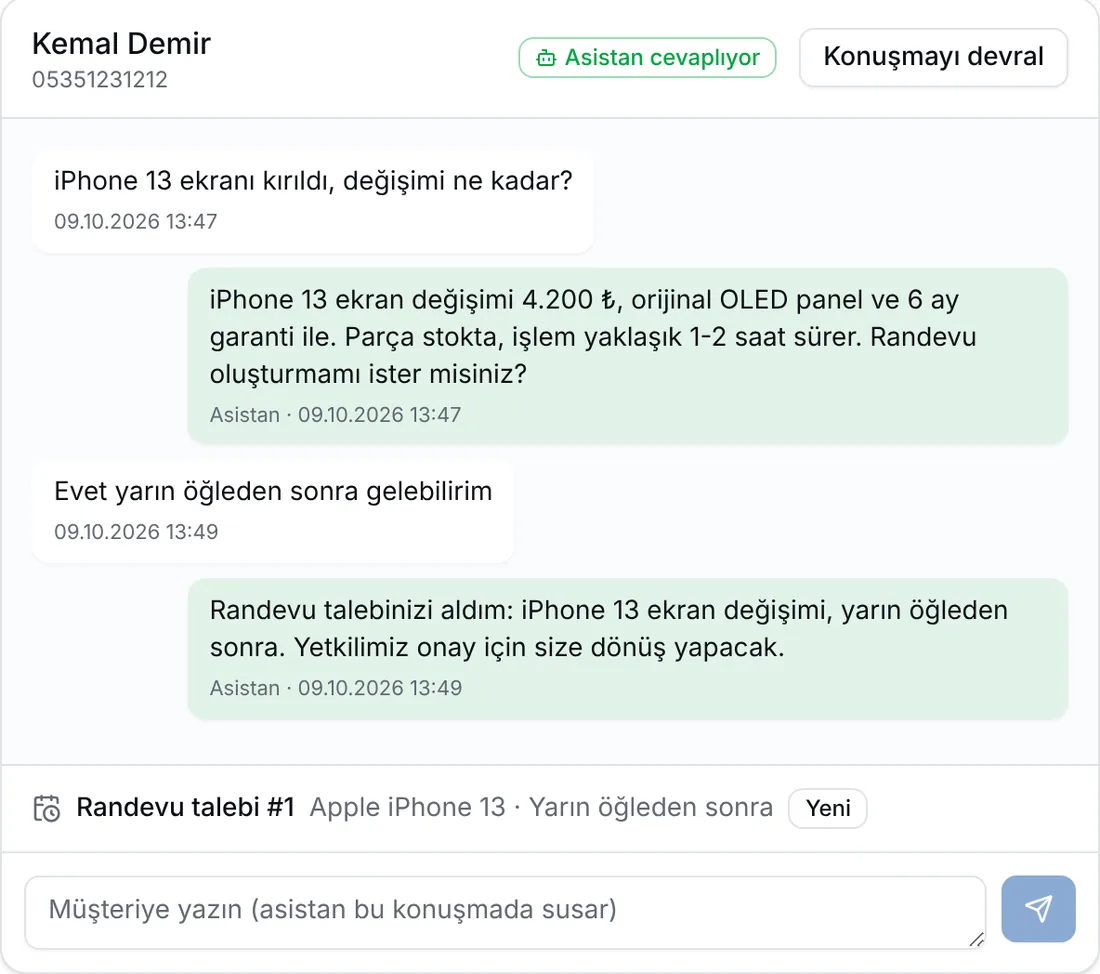 Asistanın müşteriyle WhatsApp konuşması ve randevu talebi