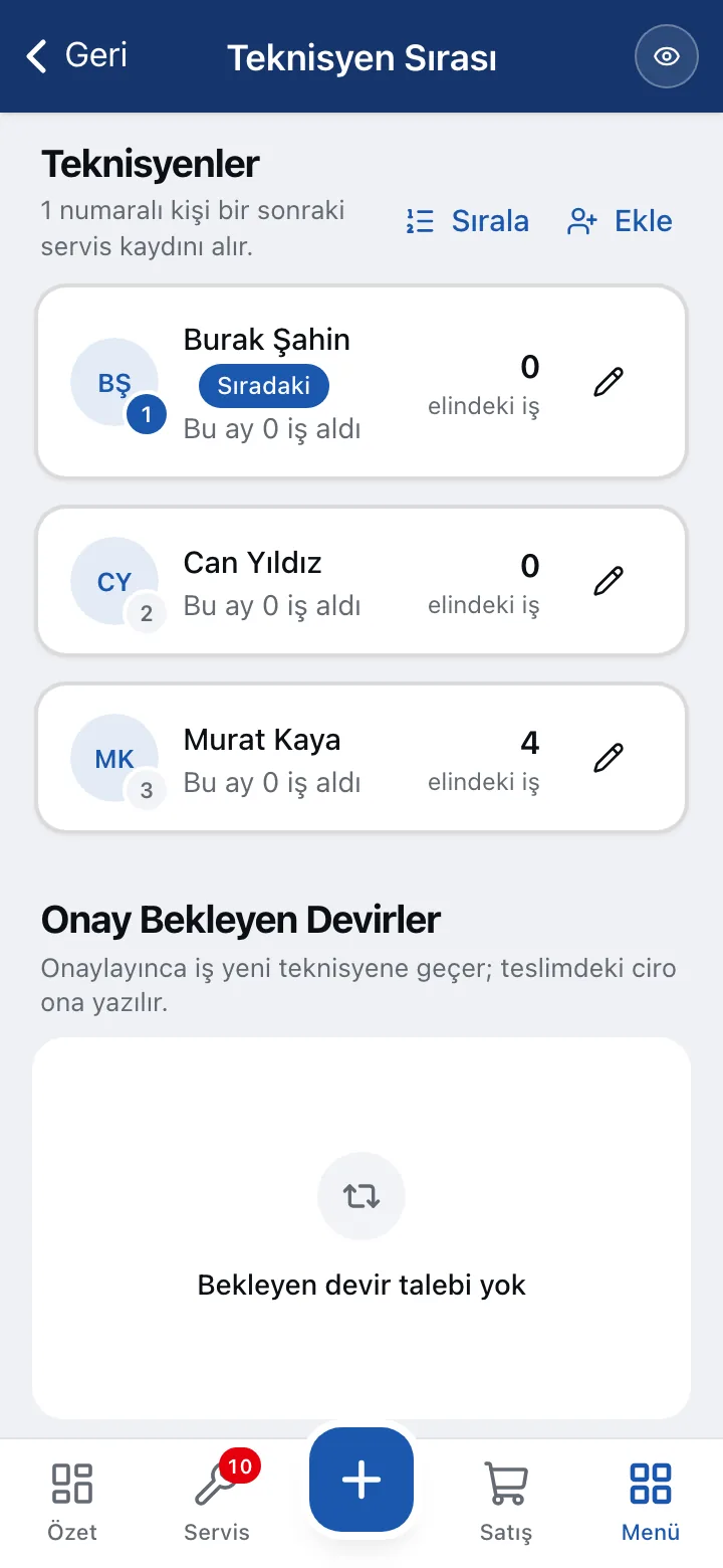 Teknisyen sırası ve iş dağıtımı