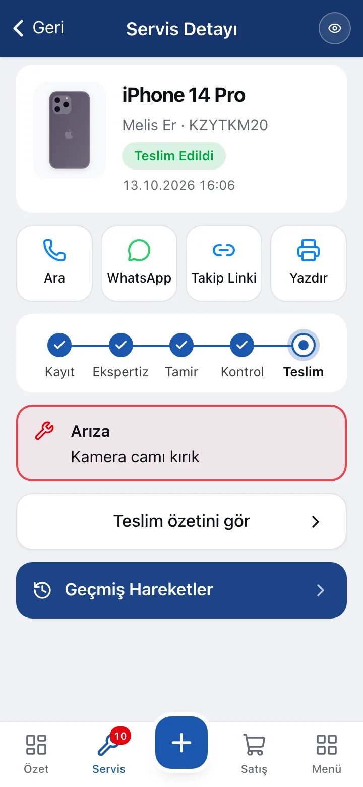 Telefonda servis kaydı detayı