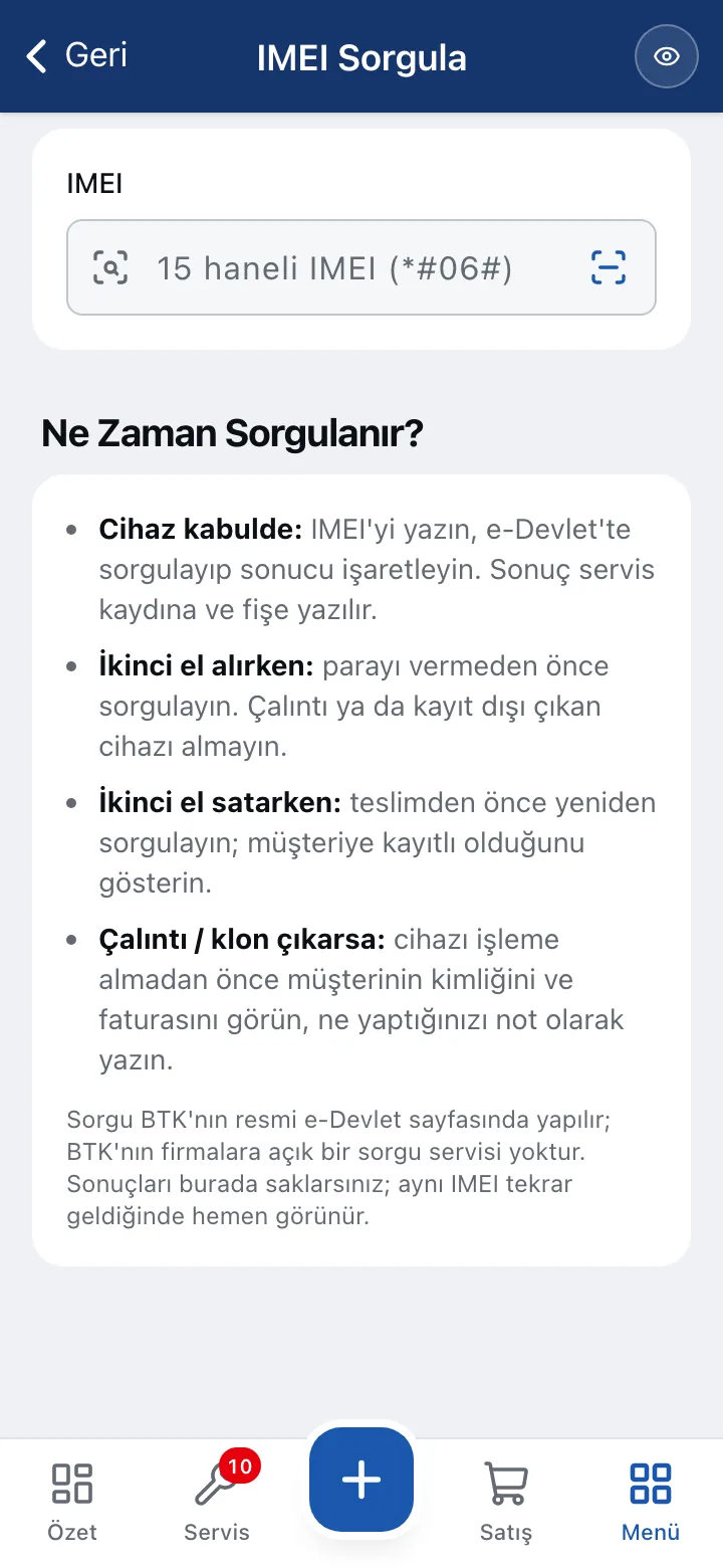 Kabulde IMEI sorgulama