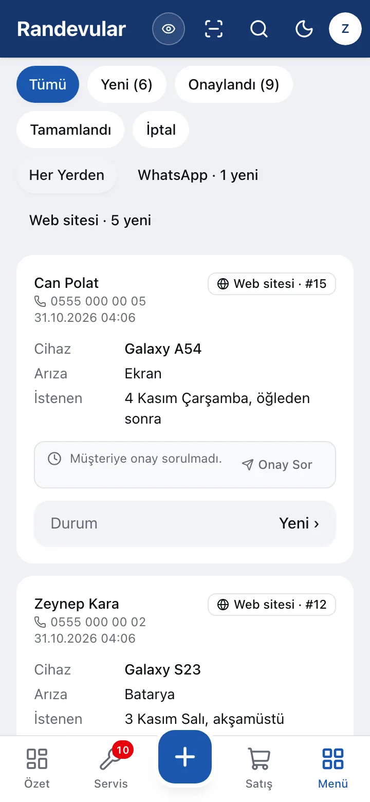 Web sitesi ve WhatsApp'tan gelen randevular
