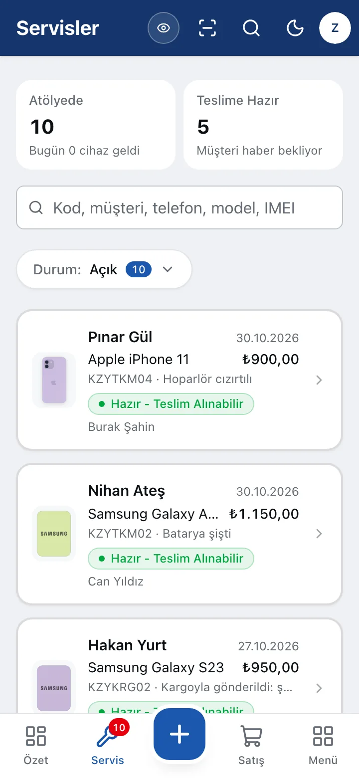 Telefonda servis kayıtları listesi
