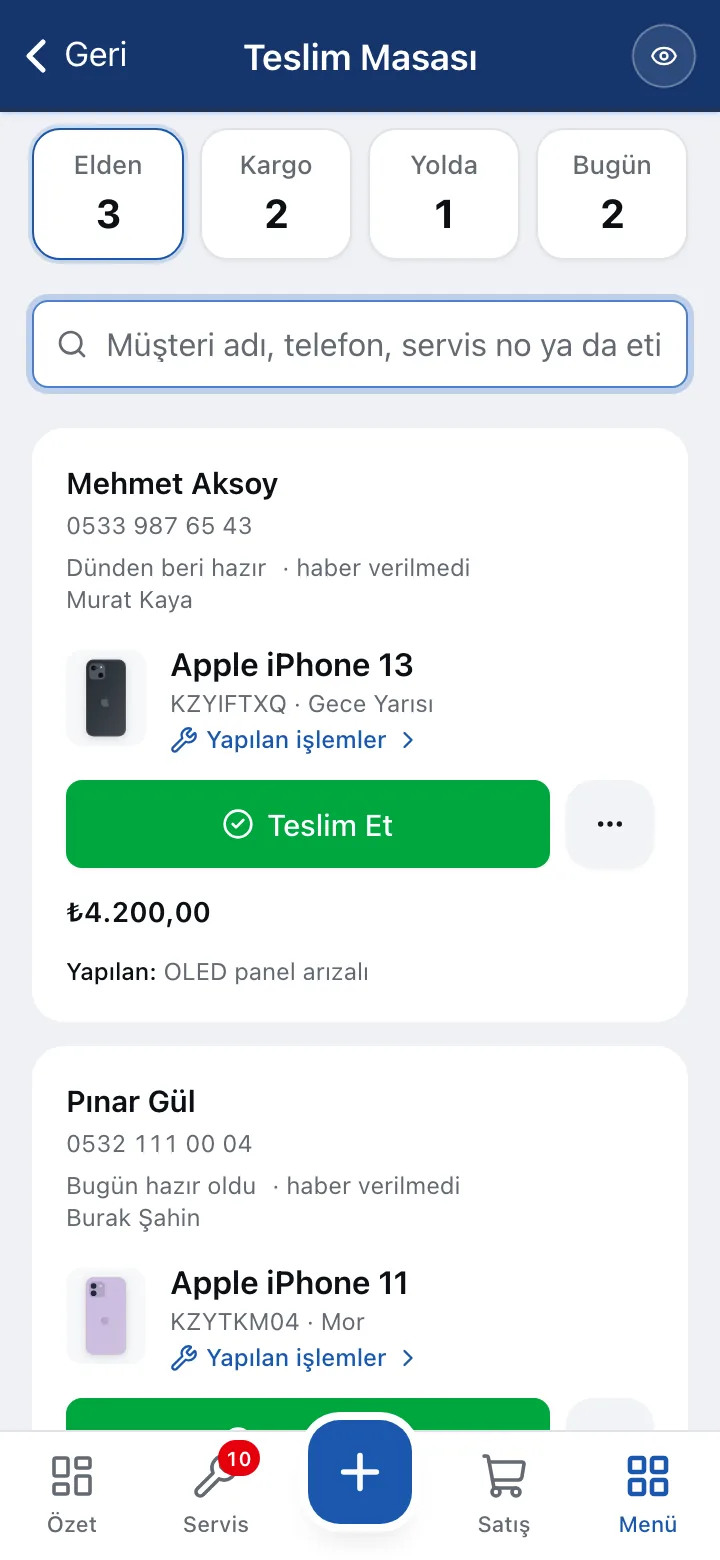 Teslim masası: hazır cihazlar ve teslimler