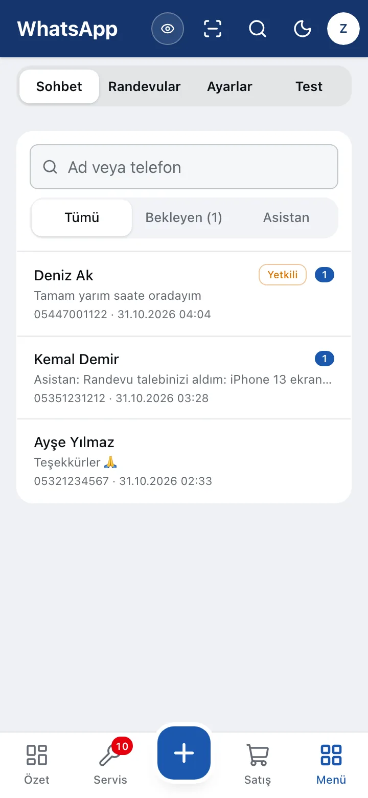 WhatsApp asistanının müşteri konuşmaları